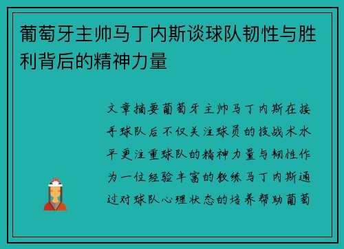 葡萄牙主帅马丁内斯谈球队韧性与胜利背后的精神力量
