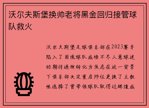 沃尔夫斯堡换帅老将黑金回归接管球队救火 沃尔夫斯堡换帅老将黑金回归接管球队救火